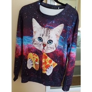 Galaxy Cat Eating A Taco And Pizza